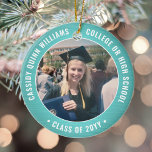Ornamento De Cerâmica 2 Graduação Fotográfica Elegante Bruto Azul Teal B<br><div class="desc">Comemore a conquista do formando com um elegante Enfeites de natal azul-turquesa azul-téreo, dois fotoredondos. As imagens e todo o texto são simples de personalizar e podem ser diferentes na frente e no verso. (DICAS DE IMAGEM e DESIGN DE TEXTO: 1) Para ajustar a posição do texto, adicione espaços no...</div>