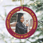 Ornamento De Cerâmica 2 Graduação Fotográfica Elegante Maroon Vermelho D<br><div class="desc">Comemorar o feito do formando com um marrom elegante e um personagem amarelo-ouro de dois Enfeites de natal de graduação em cerâmica redonda de fotografia. As imagens e todo o texto são simples de personalizar e podem ser diferentes na frente e no verso. (DICAS DE IMAGEM e DESIGN DE TEXTO:...</div>