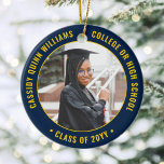 Ornamento De Cerâmica 2 Marinho Elegante para Graduação de Fotos Azul Do<br><div class="desc">Comemore a conquista do formando com um elegante Enfeites de natal de graduação azul e dourado, com duas fotos redondas. As imagens e todo o texto são simples de personalizar e podem ser diferentes na frente e no verso. (DICAS DE IMAGEM e DESIGN DE TEXTO: 1) Para ajustar a posição...</div>