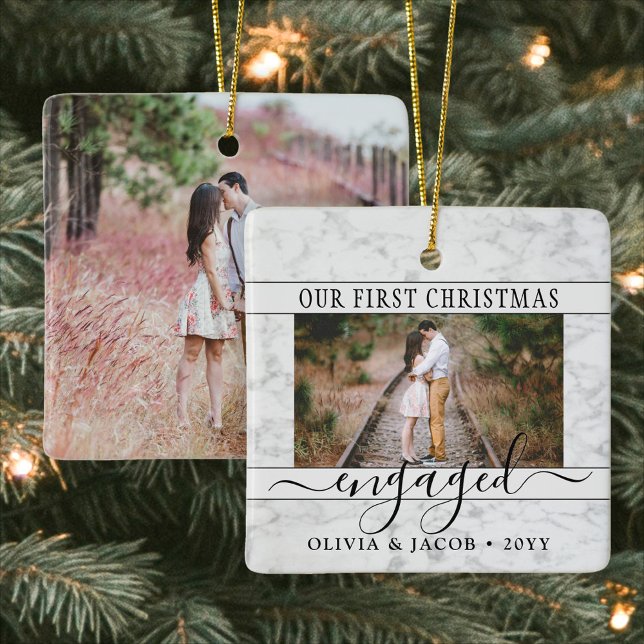 Ornamento De Cerâmica 2 Noivado Fotográfico Primeiro Natal Faux Marble (Criador carregado)