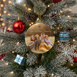 Ornamento De Cerâmica 2-Sided  Elegant Script Overlay Double Photo 