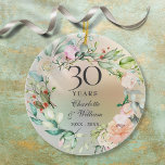 Ornamento De Cerâmica 30 Casamento Rosas Garland Pearl<br><div class="desc">Com uma delicada cor d'água,  verde-verde-floral,  este ornamento de aniversário de 30 de casamento botânico pode ser personalizado com sua informação especial de aniversário em texto elegante sobre fundo de pérola. Projetado por Thisnotme©</div>