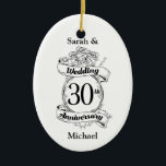 Ornamento De Cerâmica 30 - Rosa Romântico de Flores de Aniversário<br><div class="desc">Um design de flores românticas,  pretas e brancas para um aniversário de casamento de 30.</div>