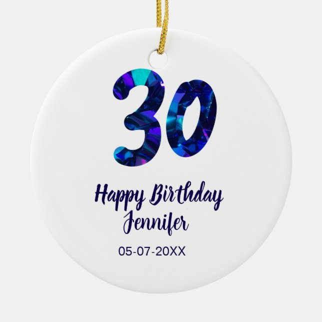 Ornamento De Cerâmica 30th birthday add name date year blue sparkle  (Frente)