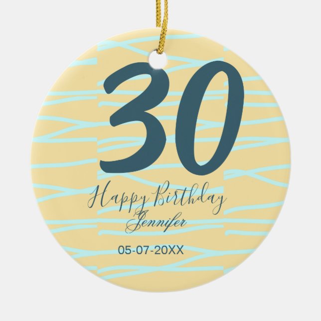 Ornamento De Cerâmica 30th birthday add name date year yellow blue paste (Frente)