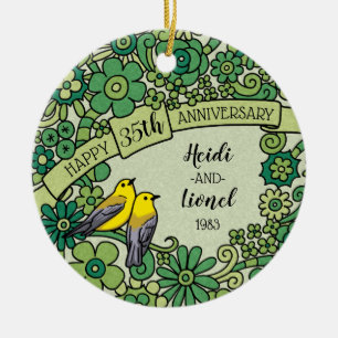 Ornamento De Cerâmica 35o aniversário personalizado, pássaros florais 
