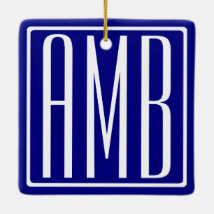 Ornamento De Cerâmica 3 iniciais monograma Azul marinho & Branco