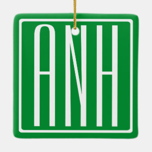 Ornamento De Cerâmica 3 Iniciais Monograma   Verde e branco