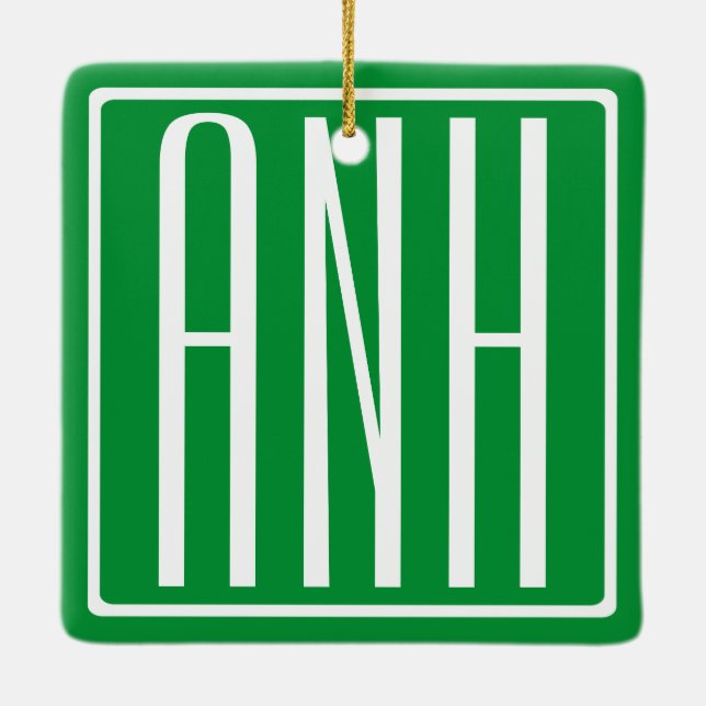 Ornamento De Cerâmica 3 Iniciais Monograma | Verde e branco (Verso)