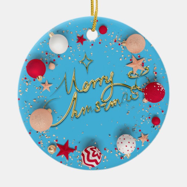 Ornamento De Cerâmica 3D Natal Baubles Imagem Azul Fundo (Frente)