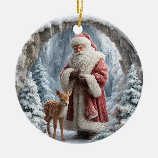 Ornamento De Cerâmica 3D Santa and Deer Ceramic Christmas Ornament (Frente)