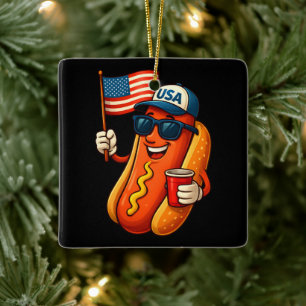 Ornamento De Cerâmica 4º de julho Hotdog Funny Patriotic USA Flag