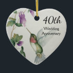 Ornamento De Cerâmica 40º Aniversário Bonito Flores de Aves Coração<br><div class="desc">Comemore um especial 40º aniversário de casamento com um ornamento cardíaco personalizado. O bonito beija-flor e design de flores foi criado da minha pintura de aquarela original em tons pastéis de rosa,  creme,  cinza e verde. Apreciação neste ornamento festivo de férias e respeito romântico.</div>