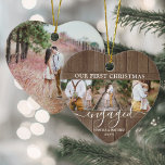 Ornamento De Cerâmica 4 Foto 1rua Xmas Envolvido Rustic Faux Wood Heart<br><div class="desc">Celebre o alegre feriado de 1rua do seu noivado com uma foto personalizada em forma de coração 4, "Our First Christmas Engaged", de um ornamento de cerâmica de madeira falsa. Todos os textos e imagens neste modelo são simples de personalizar. (DICA DE IMAGEM: Uma maneira fácil de centralizar uma foto...</div>