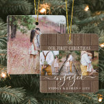 Ornamento De Cerâmica 4 Foto Noivado 1rua Faux Wood Rustic de Natal<br><div class="desc">Celebre o feliz feriado de 1rua do seu noivado com uma foto personalizada de 4 "Our First Christmas Engaged", um ornamento de cerâmica de madeira falsa quadrado. Todos os textos e imagens neste modelo são simples de personalizar. (DICA DE IMAGEM: Uma maneira fácil de centralizar uma foto exatamente como você...</div>