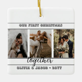 Ornamento De Cerâmica 4 Foto Nosso Primeiro Natal Juntos Faux Marble C