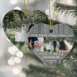 Ornamento De Cerâmica 4 Foto Sr. e Sra. 1rua Faux Wood Heart<br><div class="desc">Celebrar um feliz feriado de 1rua como um casal casado com uma colagem personalizada de 4 fotos "Nosso Primeiro Natal como Sr. & Sra." ornamento cerâmico em forma de coração. Todo texto e imagens neste modelo são simples de personalizar. (DICA DE IMAGEM: Uma maneira fácil de centralizar uma foto exatamente...</div>