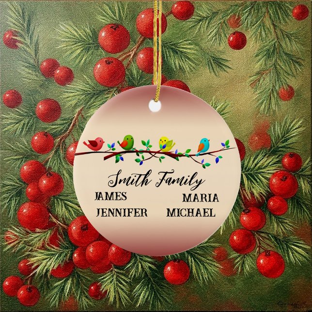 Ornamento De Cerâmica 4 Membros da família Nome personalizado Aves de Na (4 Family Members Personalized Name Christmas Birds Ceramic Ornament)