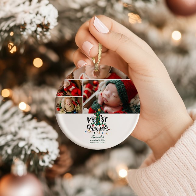 Ornamento De Cerâmica 4 Photo Christmas Tree Lights First Christmas (Criador carregado)