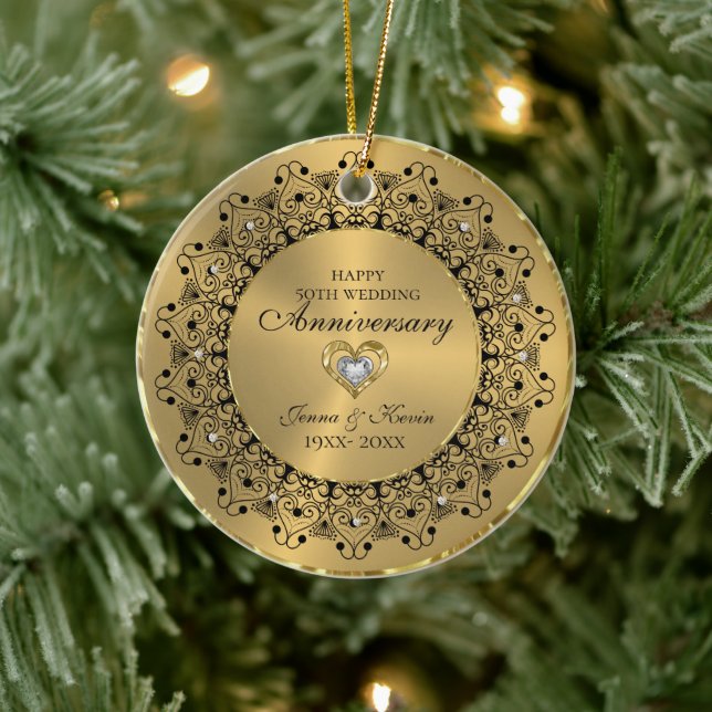 Ornamento De Cerâmica 50º aniversário do casamento BlackMandala no Doura (Árvore)