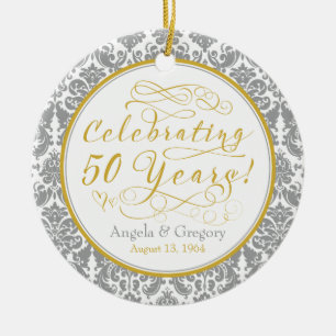 Ornamento De Cerâmica 50º aniversário do casamento Dourado Silver Damask