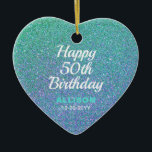 Ornamento De Cerâmica 50º Aniversário Glitter Personalizado Glitter Azul<br><div class="desc">O 50º Aniversário Teal Blue Glitter Personalizado Ornament Cerâmico do Presente é uma bela ideia de presente feminino para fazer vinte e um. É um design moderno de ambos os lados, com brilho azul lacrimogêneo e "feliz aniversário de 50 anos" no centro. Personalizado com o nome na letra do script...</div>