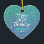 Ornamento De Cerâmica 50º Aniversário Glitter Personalizado Glitter Azul<br><div class="desc">O 50º Aniversário Teal Blue Glitter Personalizado Ornament Cerâmico do Presente é uma bela ideia de presente feminino para fazer vinte e um. É um design moderno de ambos os lados, com brilho azul lacrimogêneo e "feliz aniversário de 50 anos" no centro. Personalizado com o nome na letra do script...</div>