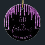 Ornamento De Cerâmica 50 Fabuloso monograma preto-roxo de aniversário<br><div class="desc">Uma moda e glamourosa ornamento de 50 anos. Um fundo preto clássico, decorado com púrpura escura, púrpura, pingos de brilho, pintura pingando. Com o texto: 50 e fabuloso. Personalize e adicione um nome. Texto cor púrpura. A palavra Fabuloso é escrita com um moderno estilo escrito à mão com traços. Perfeito...</div>