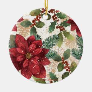 Ornamento De Cerâmica 50 Retro Poinsettia Red Green Creme