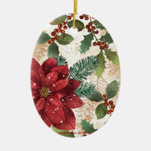 Ornamento De Cerâmica 50 Retro Poinsettia Red Green Creme