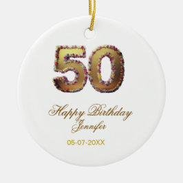 Ornamento De Cerâmica 50th birthday add name date year gold floral bold 