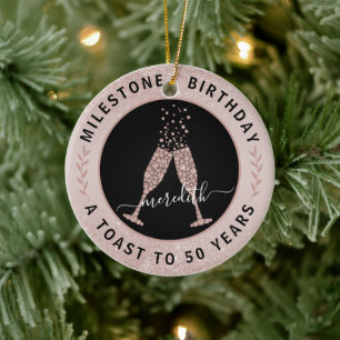 Ornamento De Cerâmica 50th Birthday Blush Glitter Champagne Toast Name