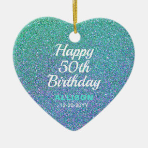 Ornamento De Cerâmica 50th Birthday Teal Blue Glitter Personalized Gift