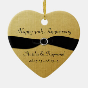Ornamento De Cerâmica 50th Diamantes pretos Dourados da fita da foto do