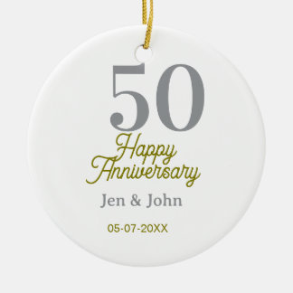 Ornamento De Cerâmica 50th happy anniversary name date silver gold date 