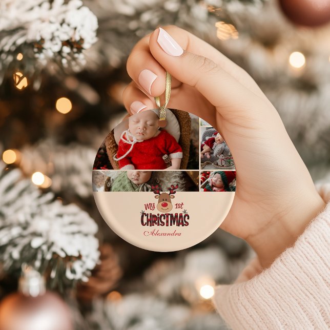 Ornamento De Cerâmica 5 Photo Plaid Reindeer Baby First Christmas  (Criador carregado)