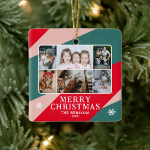 Ornamento De Cerâmica 6 Colagem de Fotos Vermelho Verde Rosa Natal Famíl