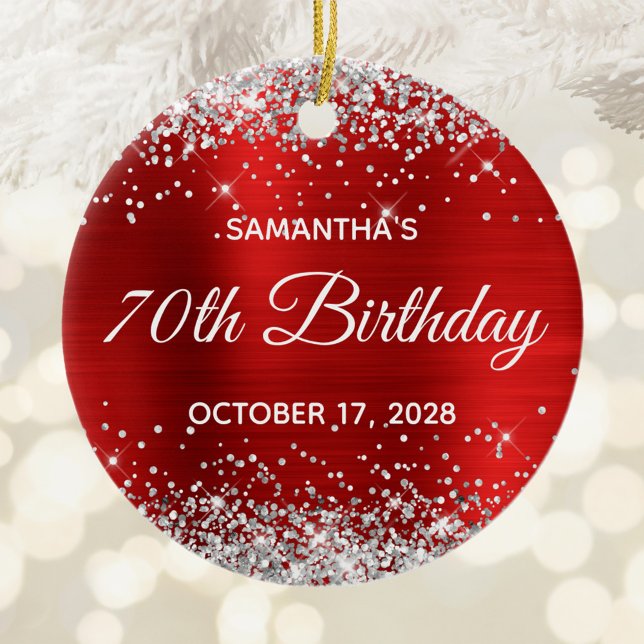 Ornamento De Cerâmica 70 de Aniversário do Silver Glitter Red Foil (Silver Glitter Hot Pink Foil 21st Birthday Photo Ceramic Ornament)