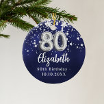 Ornamento De Cerâmica 80 aniversário marinho estrelas de prata azul<br><div class="desc">Uma cor azul de fundo marinho com estrelas de falso prata. A cor azul é irregular. Adicionar seu nome,  texto/data</div>