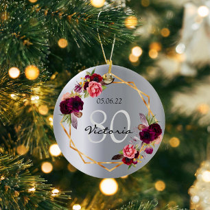 Ornamento De Cerâmica 80 de aniversário floral prata burgundy geométrico