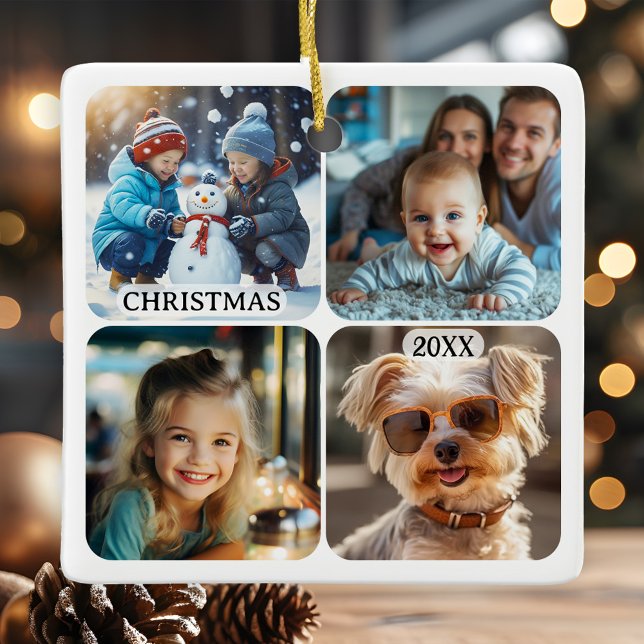 Ornamento De Cerâmica 8 Fotos personalizadas Mantenha o Natal (Christmas ornament featuring 8 of your custom photos - a delightful keepsake)