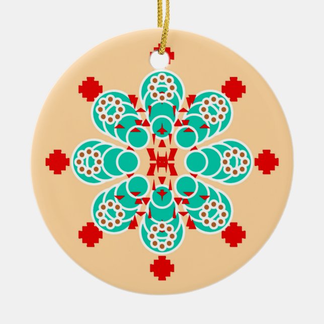 Ornamento De Cerâmica 8 pontos Mandala - turquesa e pêssego (Frente)