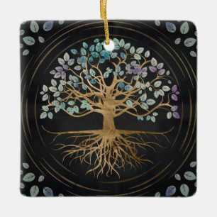 Ornamento De Cerâmica A árvore de vida - Yggdrasil - Dourado & pintou a