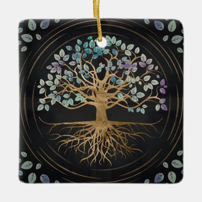 Ornamento De Cerâmica A árvore de vida - Yggdrasil - Dourado & pintou a (Frente)