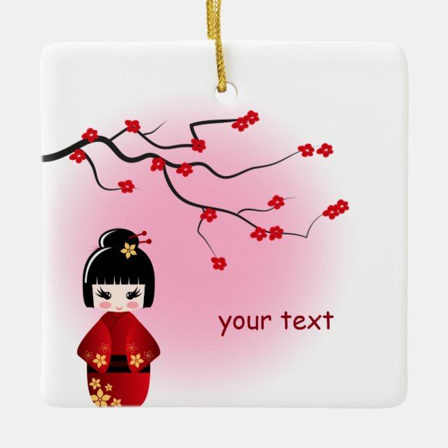 Ornamento De Cerâmica A boneca japonesa do kokeshi em sakura floresce (Frente)