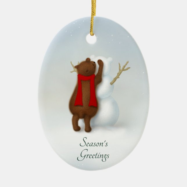 Ornamento De Cerâmica A Cena de Inverno Snowbear Personalizada (Frente)