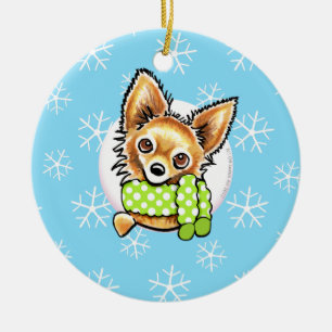 Ornamento De Cerâmica A chihuahua de cabelos compridos deixou-o nevar