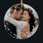 Ornamento De Cerâmica A Corda de Pastel Acende 1 rua De Natal Como Sr &<br><div class="desc">Primeiro Natal como o ornamento Sr. & Sra. com as luzes de cordas pastéis em vermelho,  rosa,  menta,  e amarelo com um guião vintage no outro lado personalizado com o ano.</div>