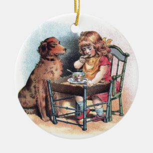 Ornamento De Cerâmica A criança de observação do cão come