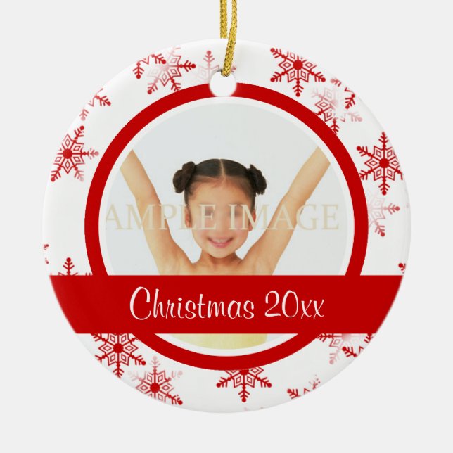 Ornamento De Cerâmica A foto branca vermelha do floco de neve (Frente)